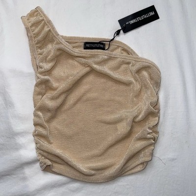 PrettyLittleThing Gold Shimmer One Shoulder Crop Tank Top Womens Sz 4
