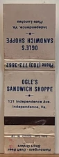 Ogle's Sandwich Shoppe Independence VA Virginia Vintage Matchbook Cover