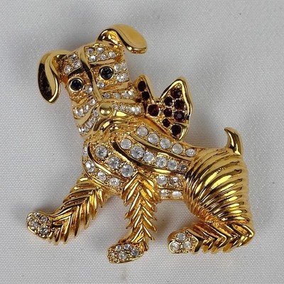 JKL Dog Brooch Rhinestone Gold Tone Puppy Pin Vintage Style Terrier Figural Jewe