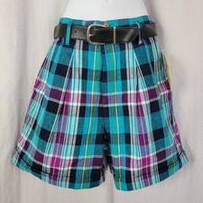 Vtg Palmetto Turquoise/Navy/Purple/White/Green Plaid Plaid Shorts w Belt Size 13