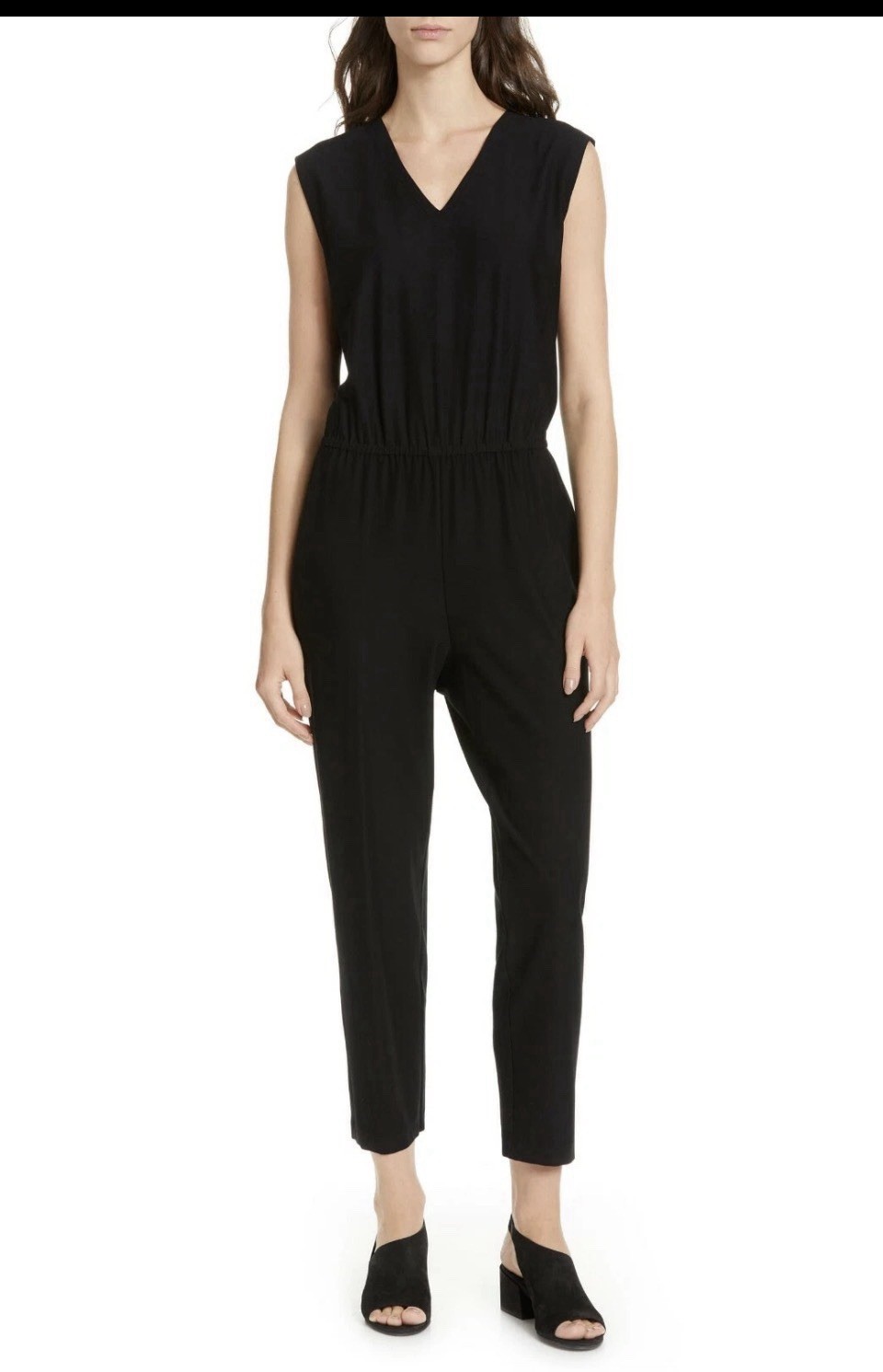 EILEEN FISHER XL Black V-Neck Washable Crepe Stretch Jersey Crop Pant Jumpsuit
