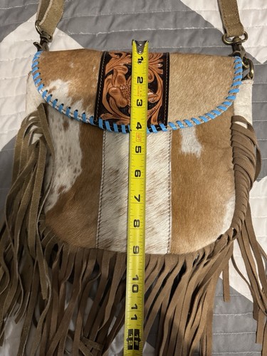 Leather Crossbody Bag W/Hsir On Cowhide Teal Lacing & Fringe NEW - Picture 11 of 14