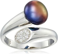 Sterling Silver Dyed Black Freshwater Cultured Pearl with CZ Bypass Ring Size 7