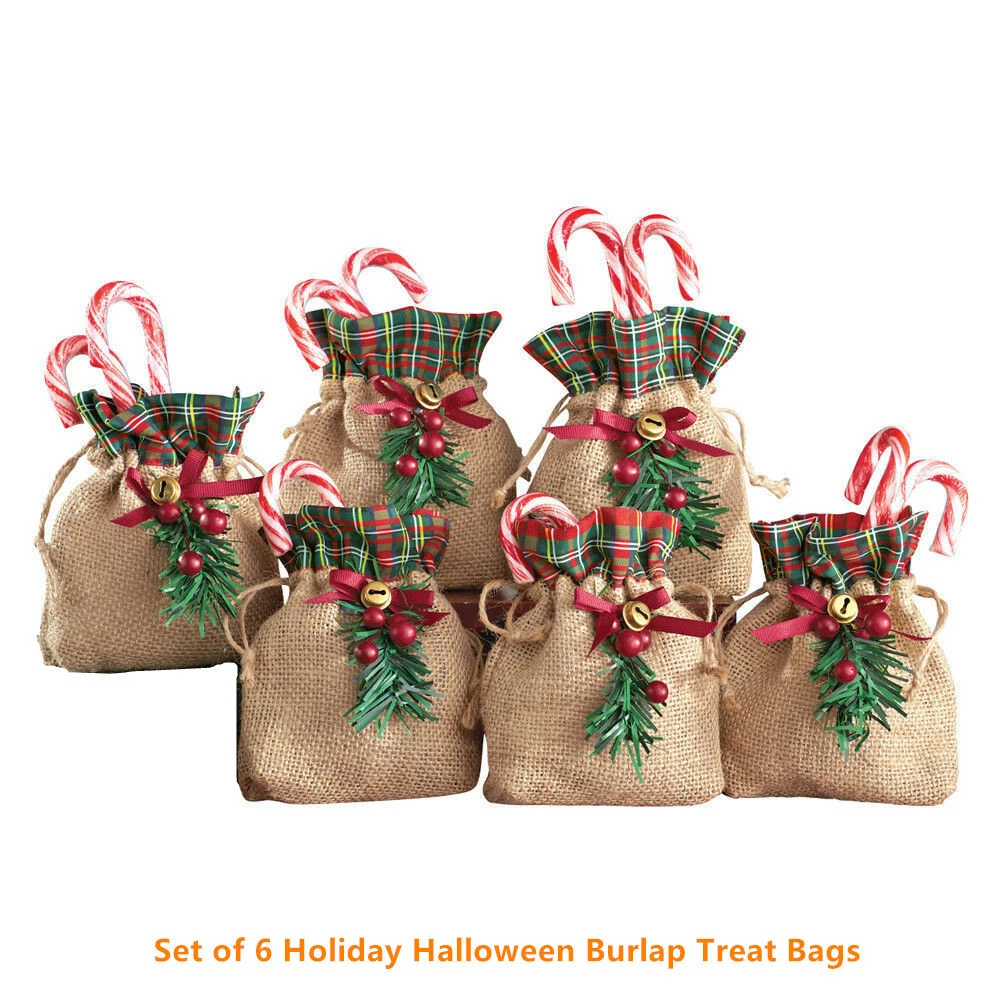 Set of 6 Holiday Halloween Burlap Treat Bags Vintage Christmas Candy Gift  Bag