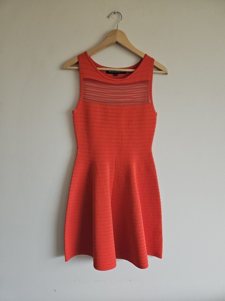 French Connection Ribbed Red A-line Dress, Size 8, Mesh Insert Fit And Flare