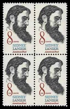 US Scott # 1446, Sidney Lanier, Block of (4) 1972 8¢ Stamps, MNH