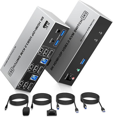 New - Clickfish 2 Displayport + HDMI KVM Switch Triple Monitor 3 Port 8K@60Hz