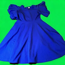 Blue Dress Womens Small Mini Fit & Flare Solid Puffy Short Sleeve Skater Preppy