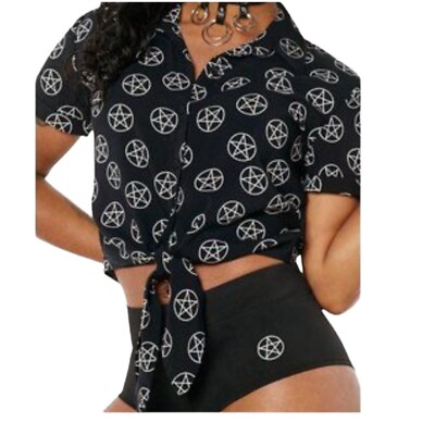 Spencer's Black Pentagram Button up Tie Front Collar Shirt Blouse