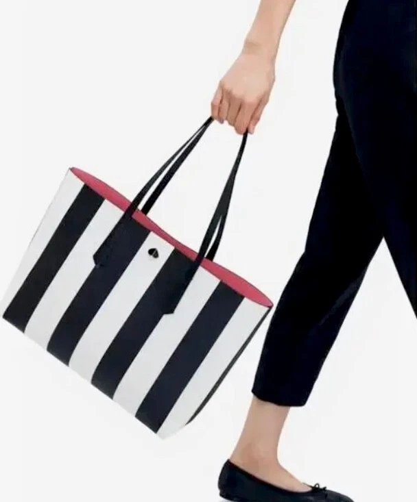 Kate Spade Stripe W/ Pink Interior & Pink Detachable Pouch Molly Large Tote Bag