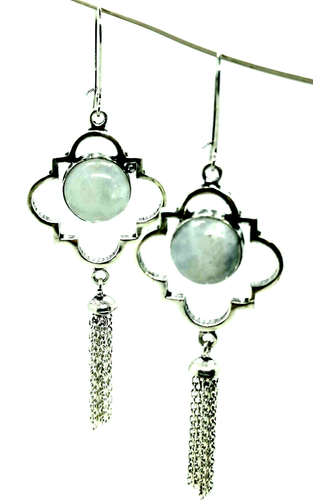 Natural White Moonstone Silver Gothic Chain Dangles Earrings (551H) - Picture 2 of 9
