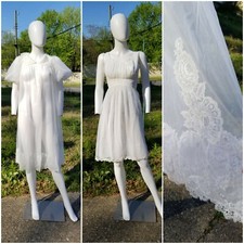 Vintage 50s Shadowline puff sleeve Peignoir 2pc Set nylon sheer lace 32/XS