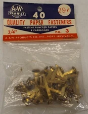 A & W Tru-Bilt Brand Lot of 40 Round Head Brass Paper Fasteners Made in USA NOS