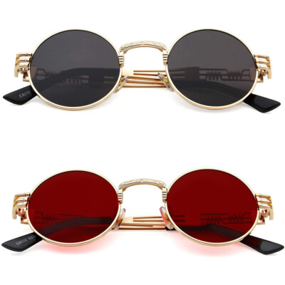 Retro-Grey] Round Steampunk Sunglasses John Lennon Hippie Glasses