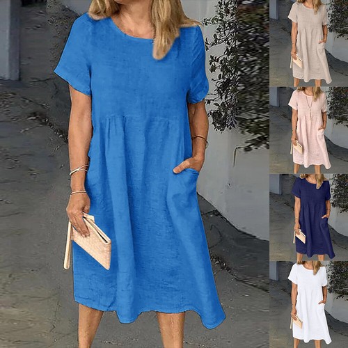 Womens Cotton Linen Short Sleeve Midi Dress Summer Casual Loose Swing  Dresses US | eBay