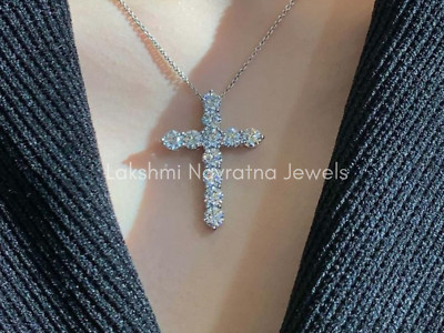 Round Lab-Created Moissanite Holy Cross Pendant 14k White Gold Plated With Chain