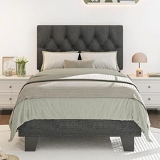 Upholstered Twin Size Bed Frame with Button Tufted Headboard Linen Platform Bed