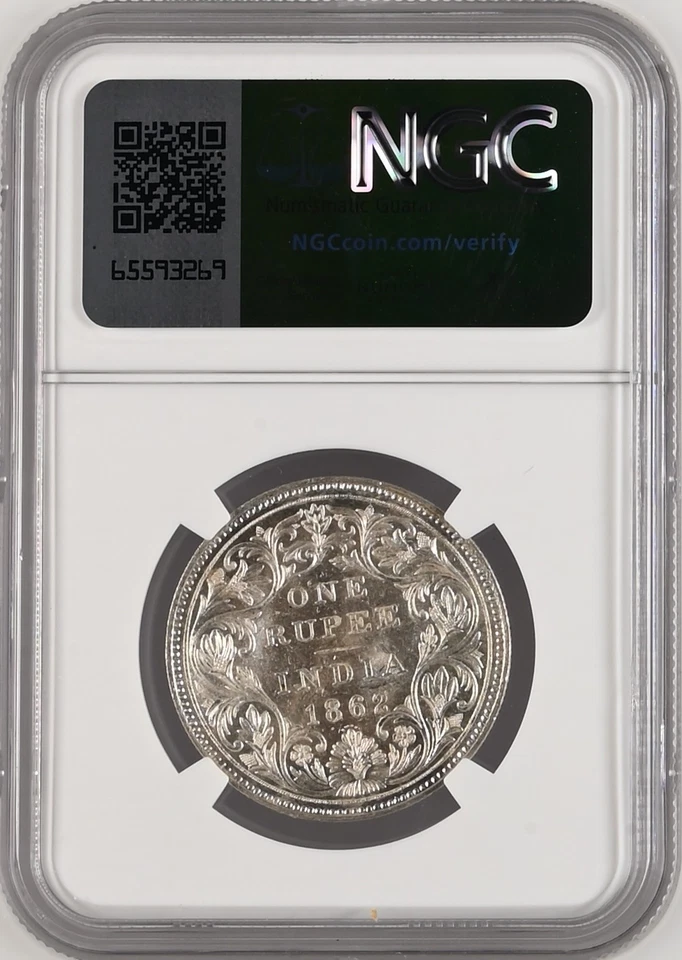INDIA BRITÁNICA 1862 (B) VICTORIA REINA 0/6 PUNTO UNA RUPIA NGC CALIFICADO COMO MS 62 RARO Foto 2 de 2