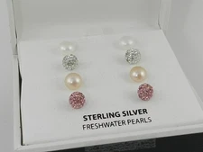 Macy's Set Cultured Freshwater Pearl   & Crystal Stud Earrings Sterling Silver