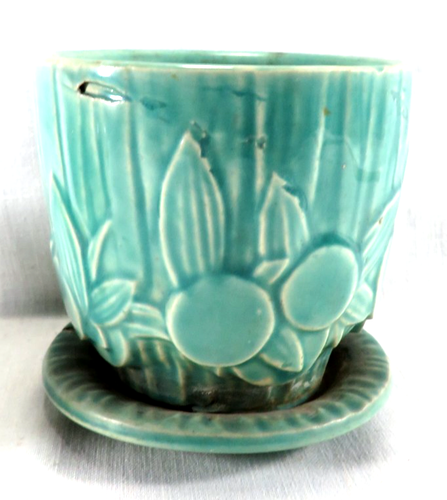 Vintage Teal green 4" Art Deco Flower pot attched dish Damaged