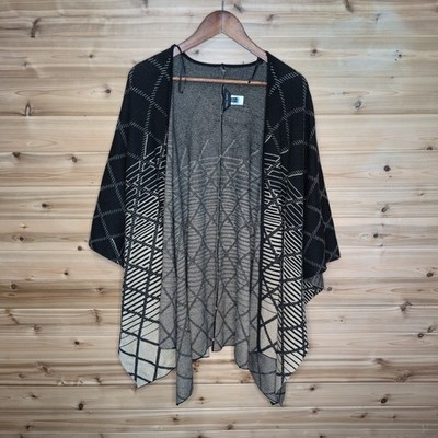 Ming Wang Black Gold Metallic Geometric Knit Open Front Wrap Cardigan One Size