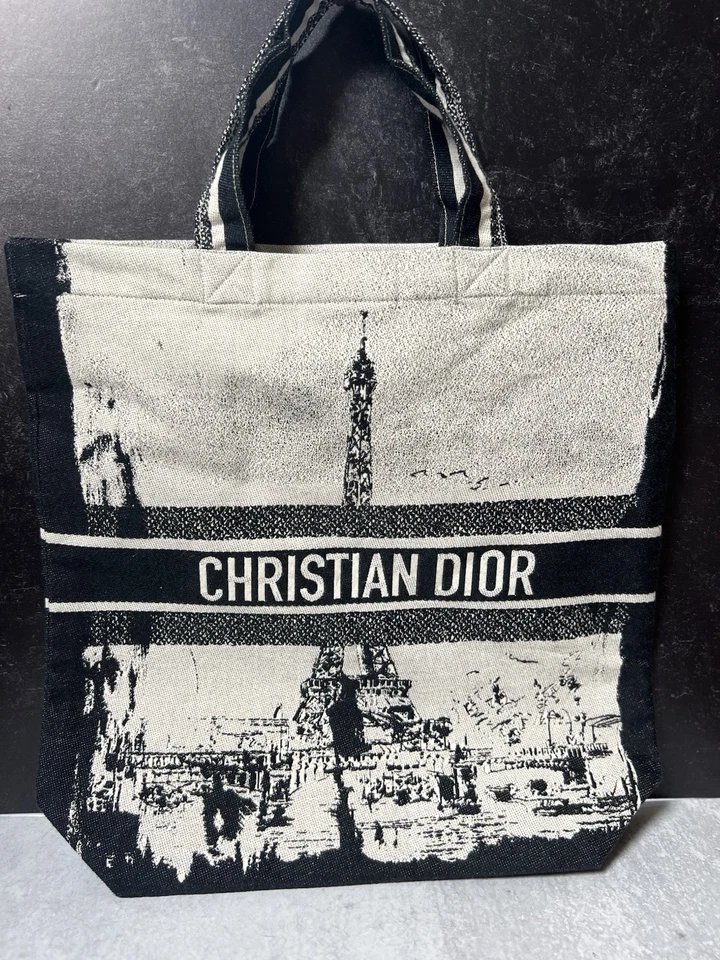 Christian Dior Bolso de Lona Denim con París y Nueva York Bolso de Playa Blanco y Negro Foto 3 de 4