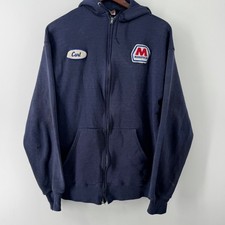 Vintage Jerzees Marathon Oil Carl Name Patch Zip Hoodie Navy Blue XL USA Made