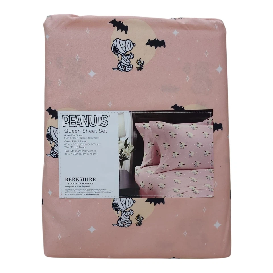 Peanuts Queen Sheet Set By Berkshire Pink Halloween Snoopy Bats - Image 3 of 4
