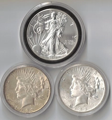 BU 2013 American Silver Eagle, BU 1923 Peace Dollar and XF 1922 Peace Dollar