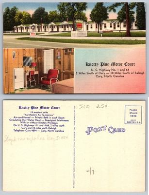 #ad Knotty Pine Motor Court Cary North Carolina Postcard $3.99