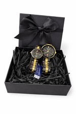 Couple Watches His and Her Set Gold Black Stainless Steel Quartz Watch Pair