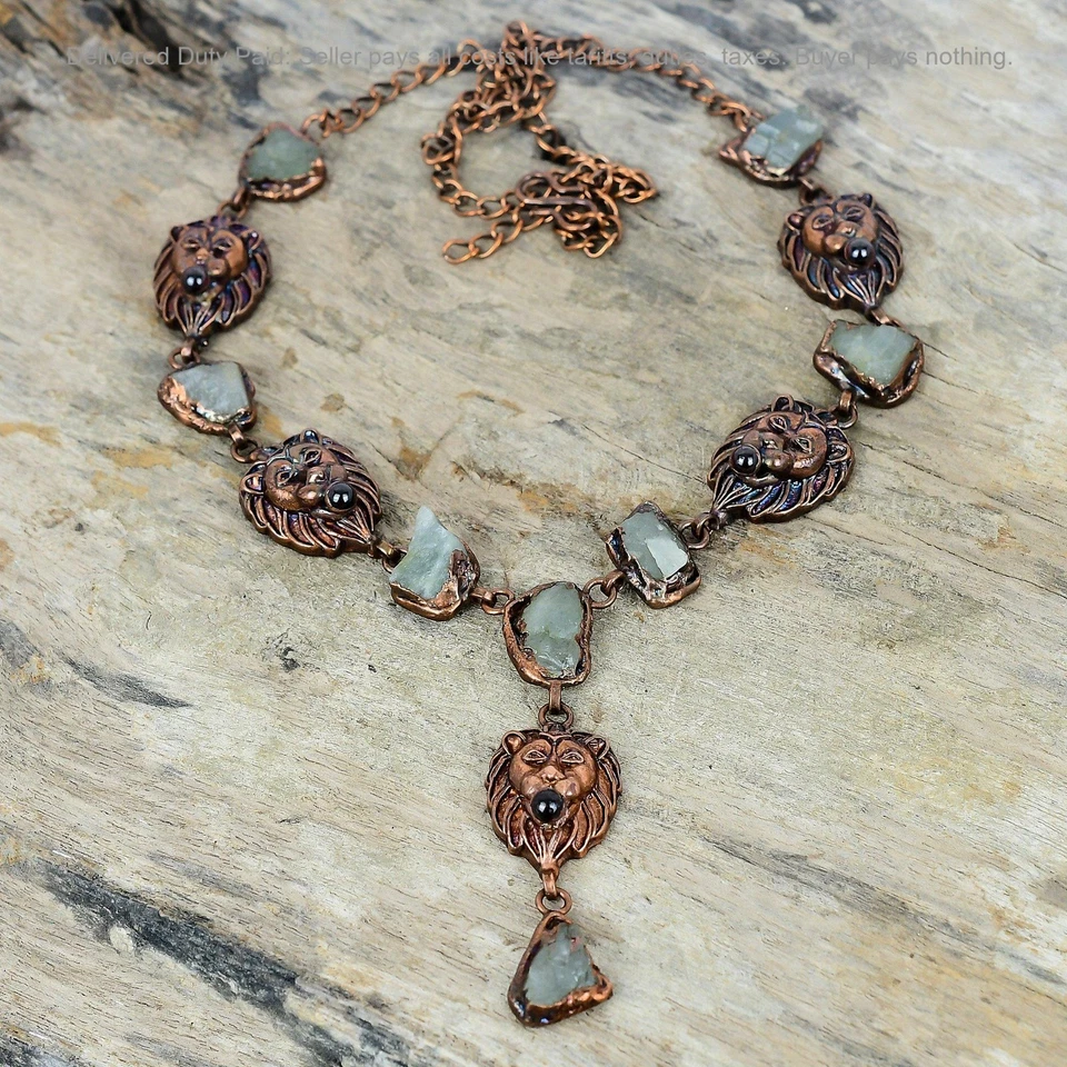 Collar de cadena de cobre áspero aguamarina natural esposa electroformado y cara de león Foto 2 de 4