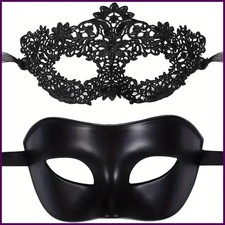 2pcs Elegant Black Lace Masquerade Mask Set for Couples - Perfect for