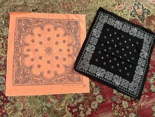 2 Vintage  70s  80s Cotton Bandanas Creamsicle  Black Scarf Colorfast Wamcraft