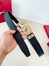 Ferragamo Double-Sided Grain Leather Belt with Gold-Silver Buckle 95/38 3.5cm