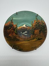 Vintage Tin Bowl Acrylic Painting Autumn Landscape Mountains Wall Hanging Art