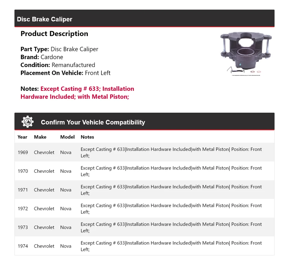 Pinza de freno de disco delantera izquierda cardone 1970 1971 para Chevrolet Nova 1969-1974 Foto 2 de 4