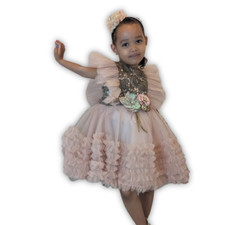 Pink Princess Dress with Floral Appliques  Tulle Skirt for Girls 4-5 Years 