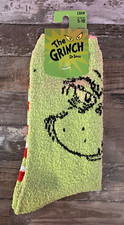 Bioworld Dr Seuss The Grinch Face Fuzzy Crew Socks Striped Size 5-10 Christmas