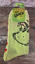 Bioworld Dr Seuss The Grinch Face Fuzzy Crew Socks Striped Size 5-10 Christmas