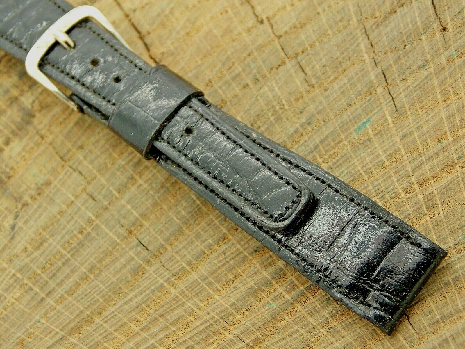 Wyler NOS Vintage Unused Black Leather Watch Band w Silver Tone Buckle 16mm Mens