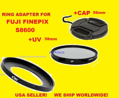 ADAPTER RING+UV FILTER+LENS CAP TO CAMERA FUJI FINEPIX S8600 S8630 S8650  58mm