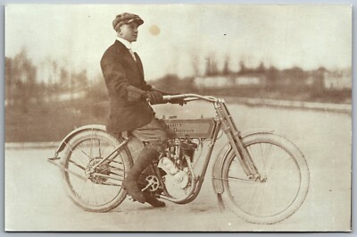 Dapper Man on Harley Davidson  RPPC REPRINT Postcard c1950s Rider Hat