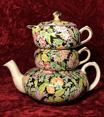 Vintage Lord Nelson Black Beauty Chintz Stacking Tea Set - Teapot, Cream, Sugar