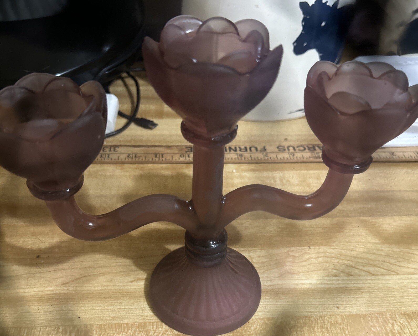 Purple  Glass Triple Candle Holder, Vintage Glass EUC