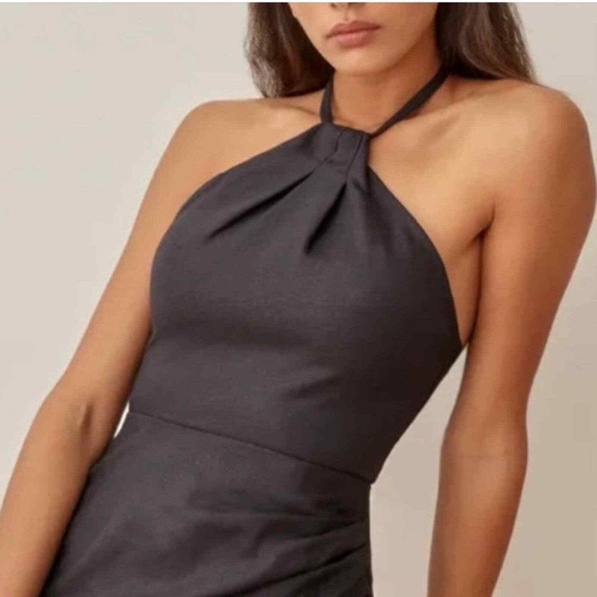 Reformation Reformation Black Dory Linen Dress Halter Knot Mini Smocked  Dress
