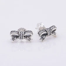New Authentic PANDORA Sparkling Bow CZ Stud Earrings, Silver #290555CZ w/Pouch
