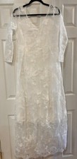 White Boho Bridal Dress Maxi Floral Lace Overlay Empire Waist Knee Length Lined