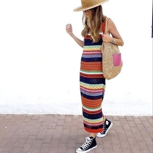 Mango Long Crochet Striped Knit Dress 