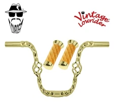 Vtg Lowrider 9" Handlebar Cage Square Twisted 25.4mm Gold, Velour Swirl Grips